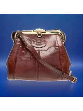 OROTON-Australia Cognac Glove Leather VTG Kiss Lock Gold Frame Satchel Crossbody